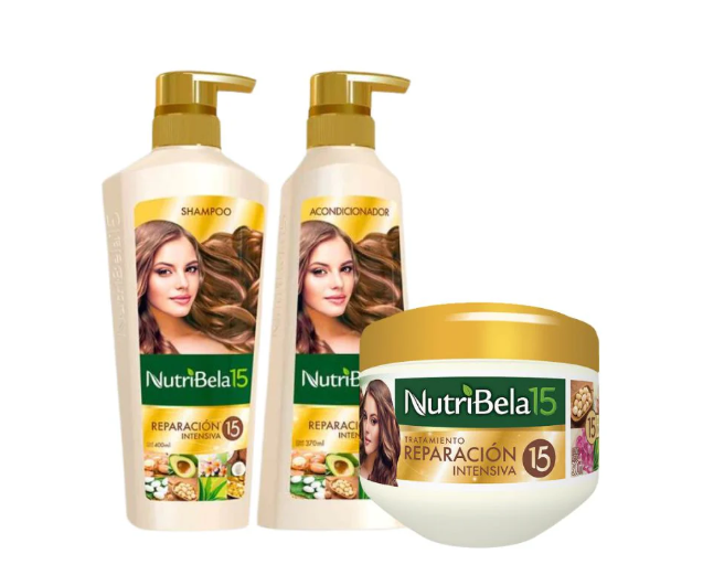 Nutribela 15 Reparacion Intensiva Shampoo 400mL + Acondicionador 400mL + Nutribela Tratamiento 300mL (3 Pack)