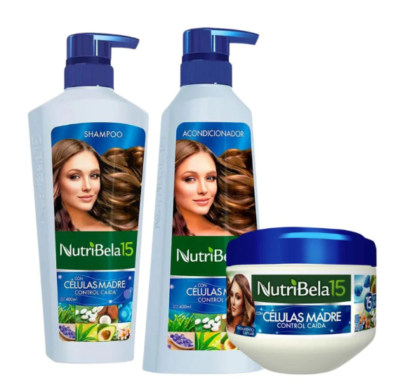 Nutribela 15 Celulas Madre Shampoo 400mL + Acondicionador 400mL + Tratamiento 300mL (3 Pack)
