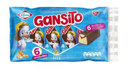 Ponque de vainilla Gansito con mermelada de Mora, Crema y cubierta de Chocolate 222gr - 6 unid Snack