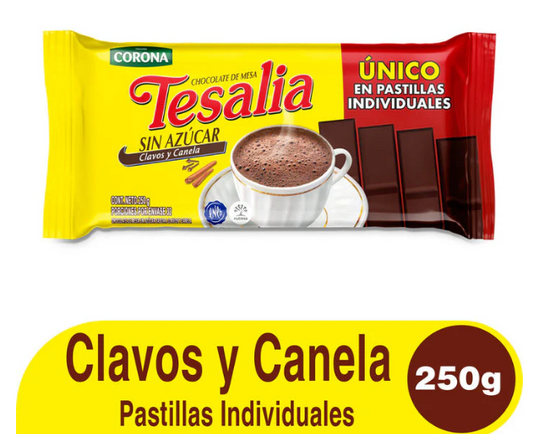 CHOCOLATE TESALIA EN BARRA CLASICO CLAVOS Y CANELA x250G