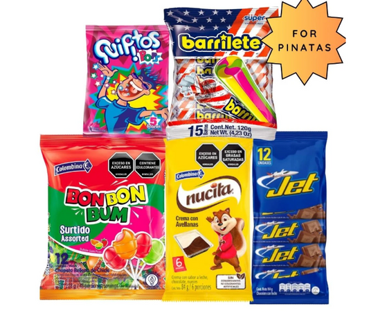 Dulces colombianos kit (BomBomBum Surtido x12 unidades + Quipitos x 5 Un + Nucita x 6 Un + barriletes bolsa x120gr + chocolatinas jet x12uni)
