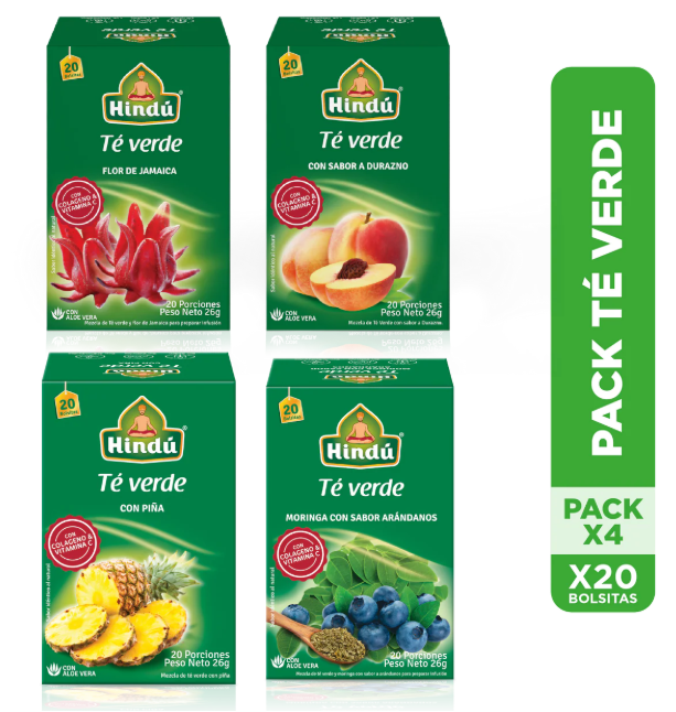 HINDU PACK Te VERDE x4cajas (flor de jamaica, durazno, pina y arandanos)
