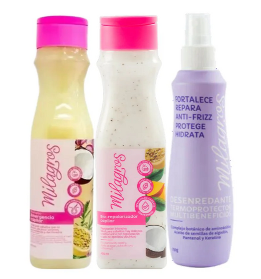 Milagros Shampoo Emergencia Capilar, Milagros Biorepolarizador y Milagros tratamiento Anti Frizz (3 pack)