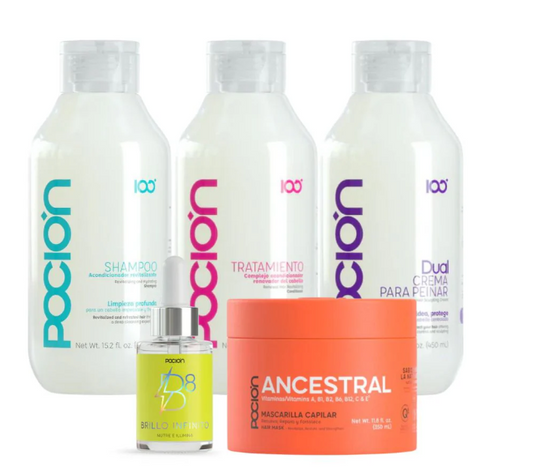 La Pocion Shampoo, La Pocion Tratamiento, La Pocion Crema para peinar, la Pocion Ancestral y La Pocion oleo b8 (5 pack)