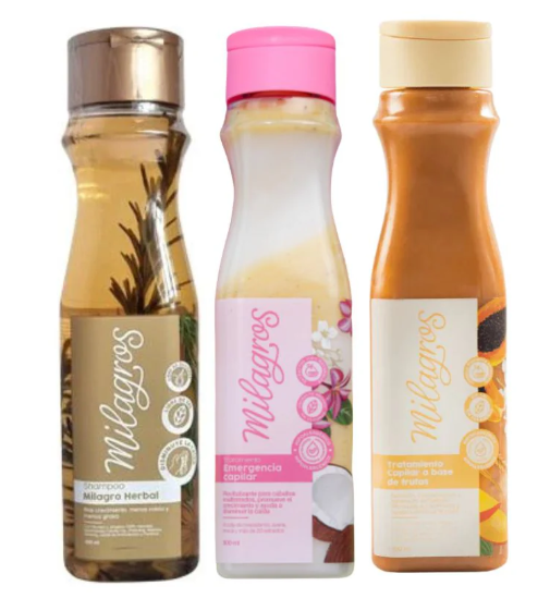 Milagros shampoo herbal, Milagros tratamiento emergencia capilar y Milagros Tratamiento a base de frutas (3 pack)