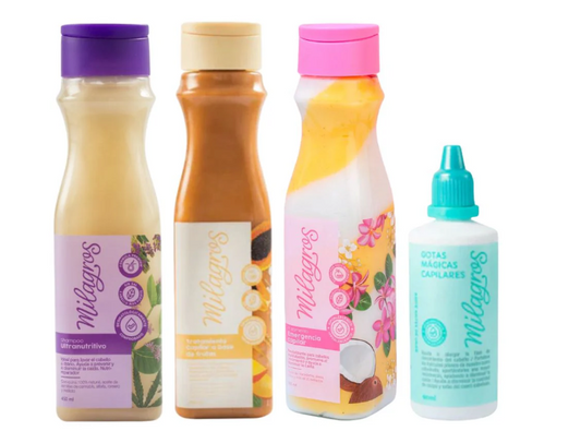 Milagros Kit crecimiento (4 Pack) Tratamiento emergencia capilar milagro, tratamiento de frutas milagro Shampoo Ultranutritivo Milagro y Gotas magicas milagro