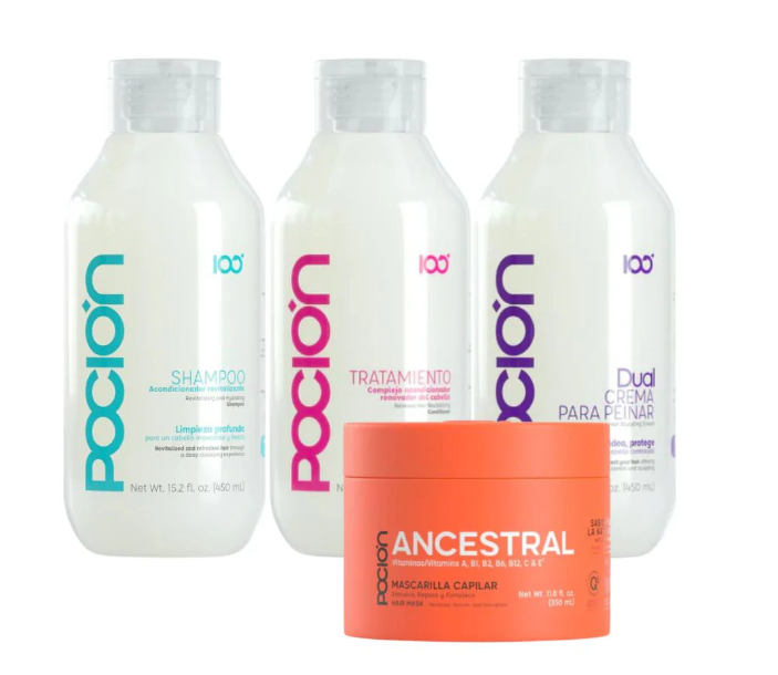 La Pocion Shampoo, La Pocion Tratamiento, La Pocion Crema para peinar, La Pocion Mascarilla Ancestral (4
