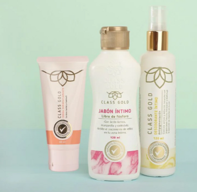 Class gold jabon intimo x 120ml, Class gold crema dermoaclarante 60mL, Class gold desodorante intimo amarillo x 120. (3 pack)