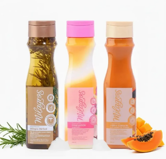 Milagros shampoo herbal, Milagros tratamiento emergencia capilar y Milagros Tratamiento a base de frutas (3 pack)