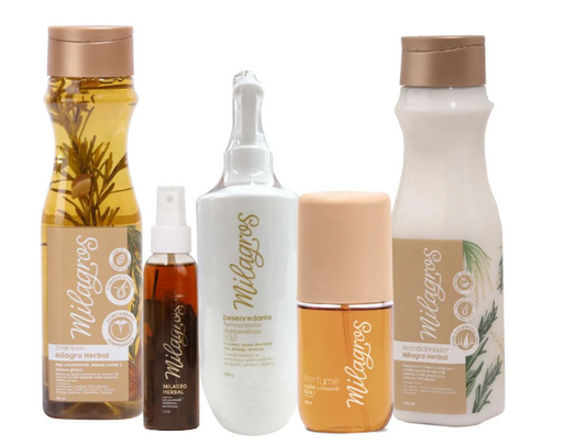 Milagros Ritual Herbal kit (5 Pack) Milagros Shampoo Herbal, Acondicionador herbal, Tonico Herbal, Desenredante Termoprotector herbal y perfume Bali