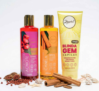 Anyeluz Aceite bronceador Achiote, Anyeluz Aceite bronceador Canela y Anyeluz termoprotector con oleo de argan (3 pack)