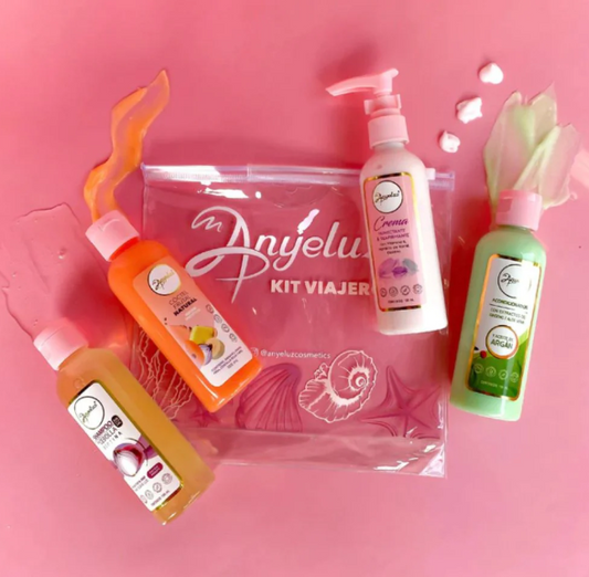 Anyeluz Kit Viajero X4 Crema Humectante, Acondicionador Argan, Coctel de Frutas y Shampoo de Cebolla 100mL