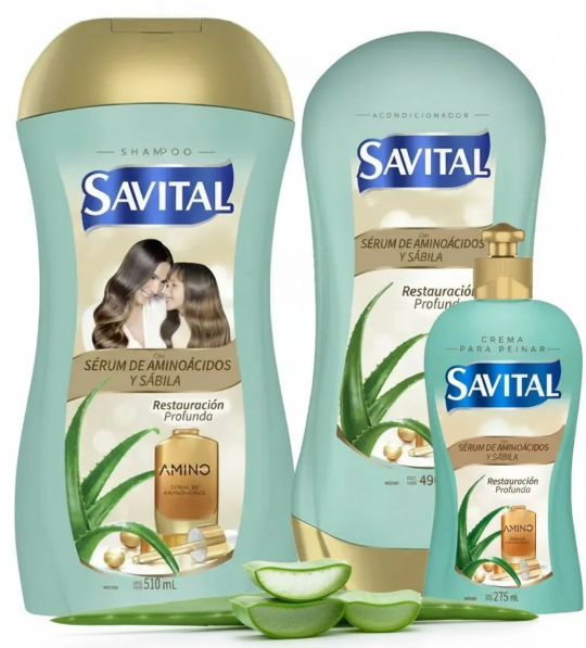 Savital Shampoo Aminoacidos 510mL, Acondicionador Aminoacidos 490mL, Crema para peinar Aminoacidos 275mL (3 Pack)