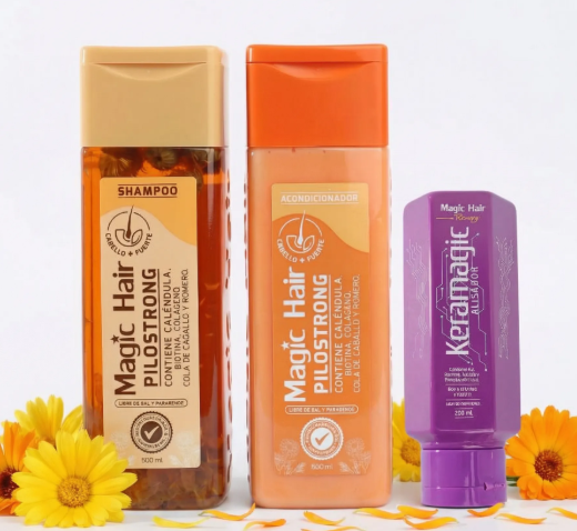 Magic Hair shampooo Pilostrong x 500 ml y acondicionador pilostrong x 500ml + keratina keramagic x200ml (3 pack)