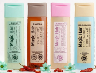 Magic Hair shampooo y acondicionador jengibre, cebolla, aji + tratamiento capilar diurno + tratamiento capilar nocturno (4 pack)