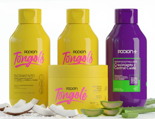 La Pocion Kit Rizos largos e hidratados - Shampoo Crecimiento (Morado), Tratamiento Tongole, Crema para peinar Tongole, Mascarilla Tongole (4 Pack)