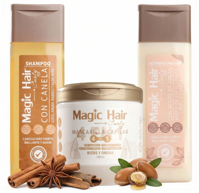 Magic Hair Kit Para Cabellos Rizos y Ondulados - Mascarilla 4 en 1, Shampoo con Canela y Acondicionador con Canela (3 pack)