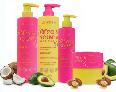 ANYELUZ KIT AFRO & CURLY - Shampoo, Acondicionador, Crema para peinar y Mascarilla capilar (4 pack)
